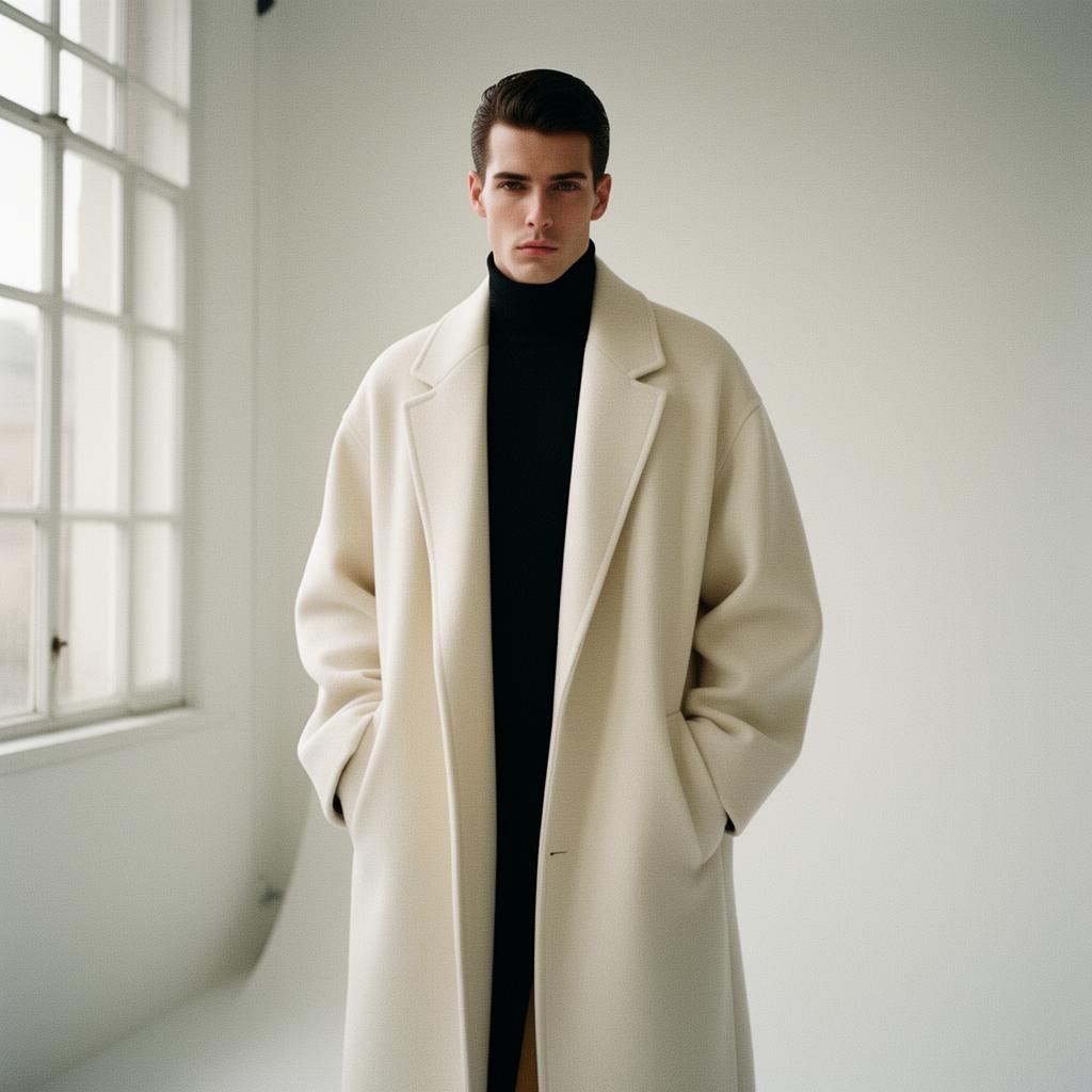 OFFPATH male model in cream wool overcoat