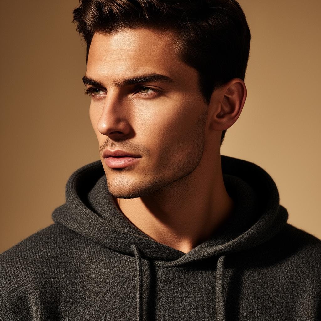 OFFPATH male model close-up in charcoal cashmere hoodie
