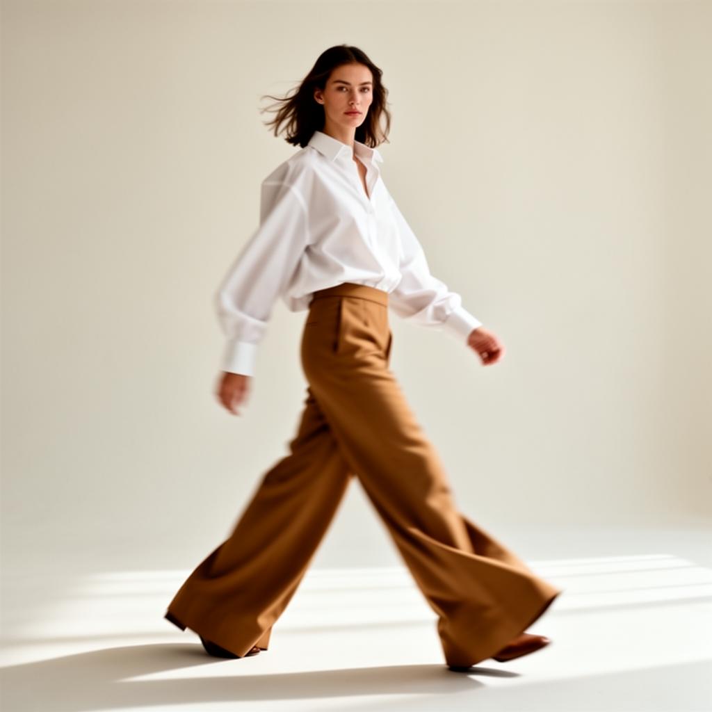 OFFPATH female model in motion — white shirt, camel trousers