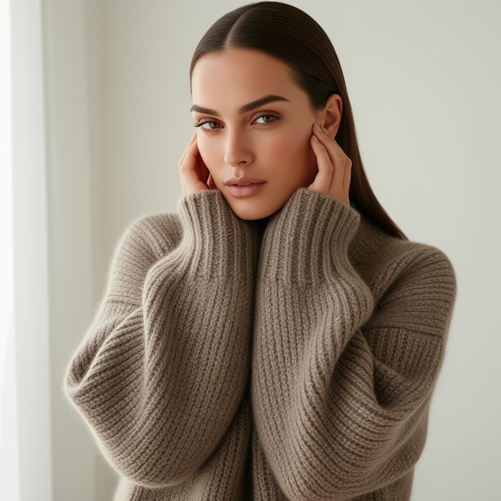 OFFPATH female model in taupe oversized knit