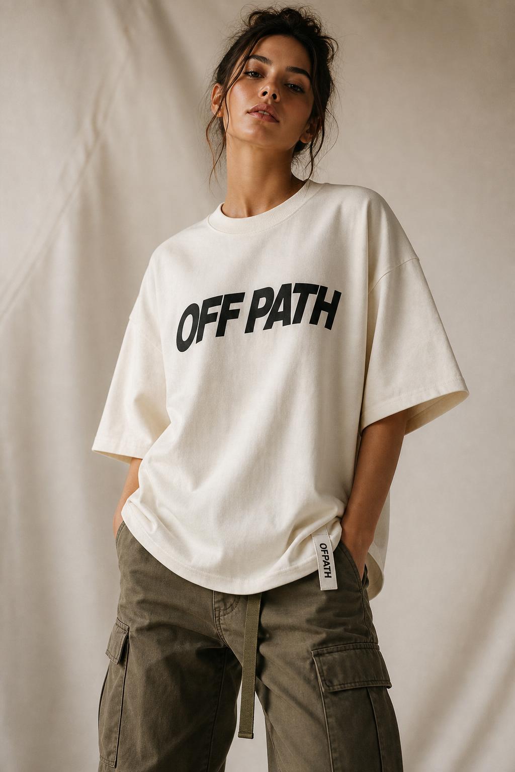 Female model wearing OFF PATH branded oversized tee